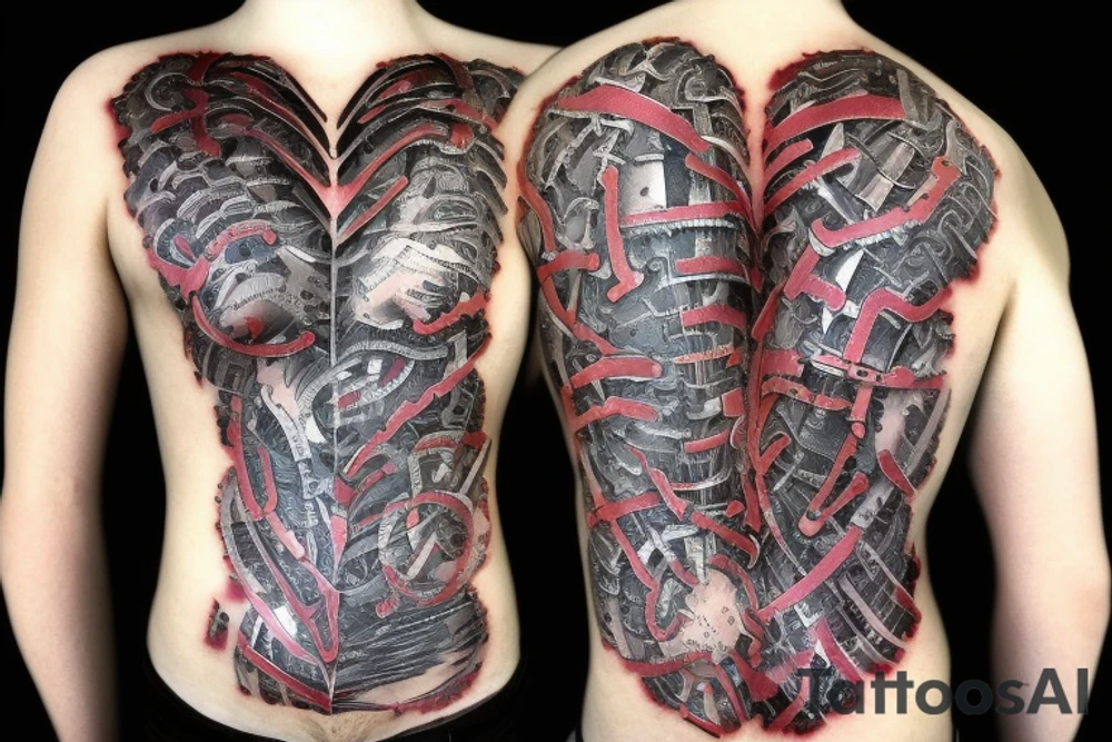 Half man half robot full body heart exploding gears sparks metal skin tattoo idea