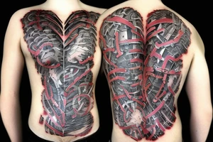 Half man half robot full body heart exploding gears sparks metal skin tattoo idea