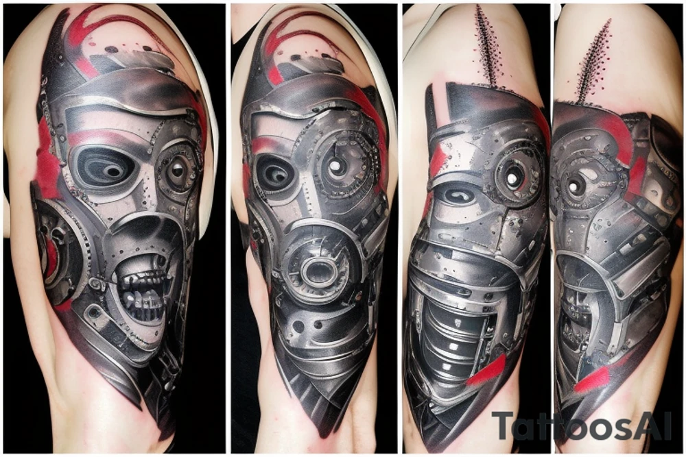 Half man half robot full body heart exploding gears sparks metal skin tattoo idea