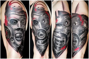 Half man half robot full body heart exploding gears sparks metal skin tattoo idea