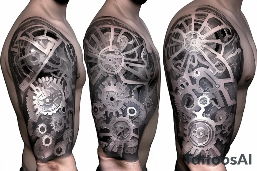 Half man half robot full body heart exploding gears sparks metal skin tattoo idea