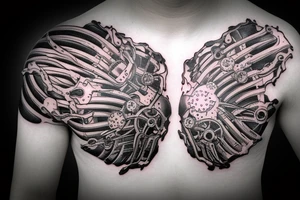 Half man half robot full body heart exploding gears sparks metal skin tattoo idea