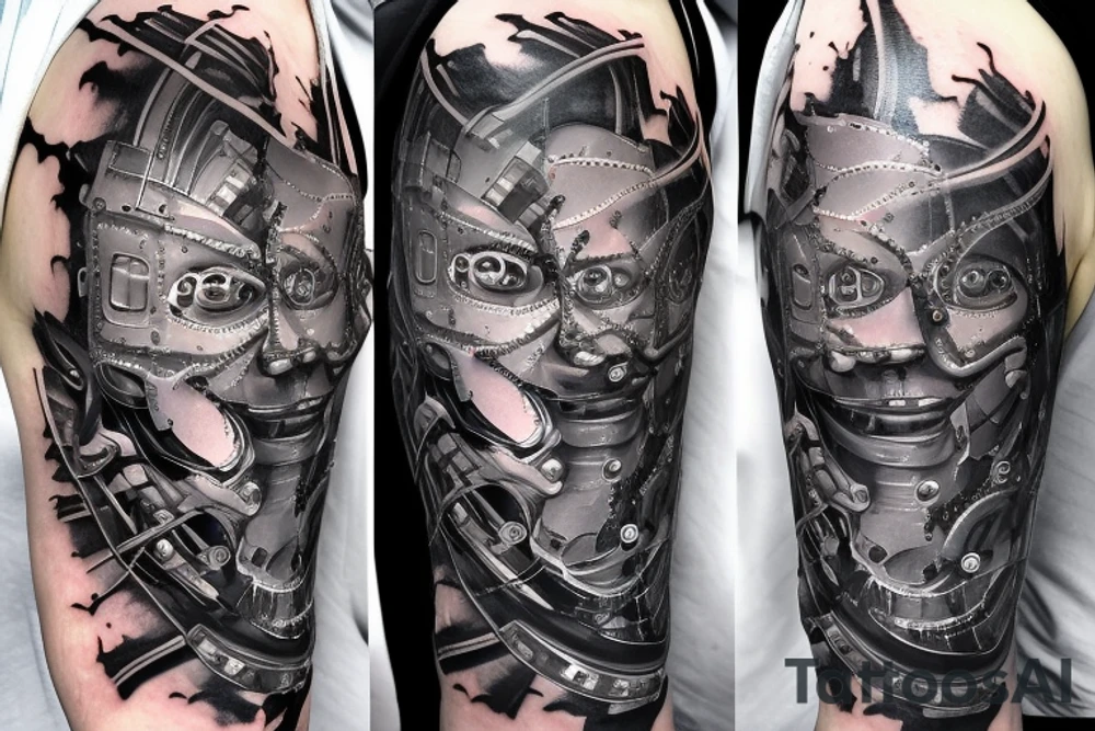 Half man half robot full body heart exploding gears sparks metal skin tattoo idea