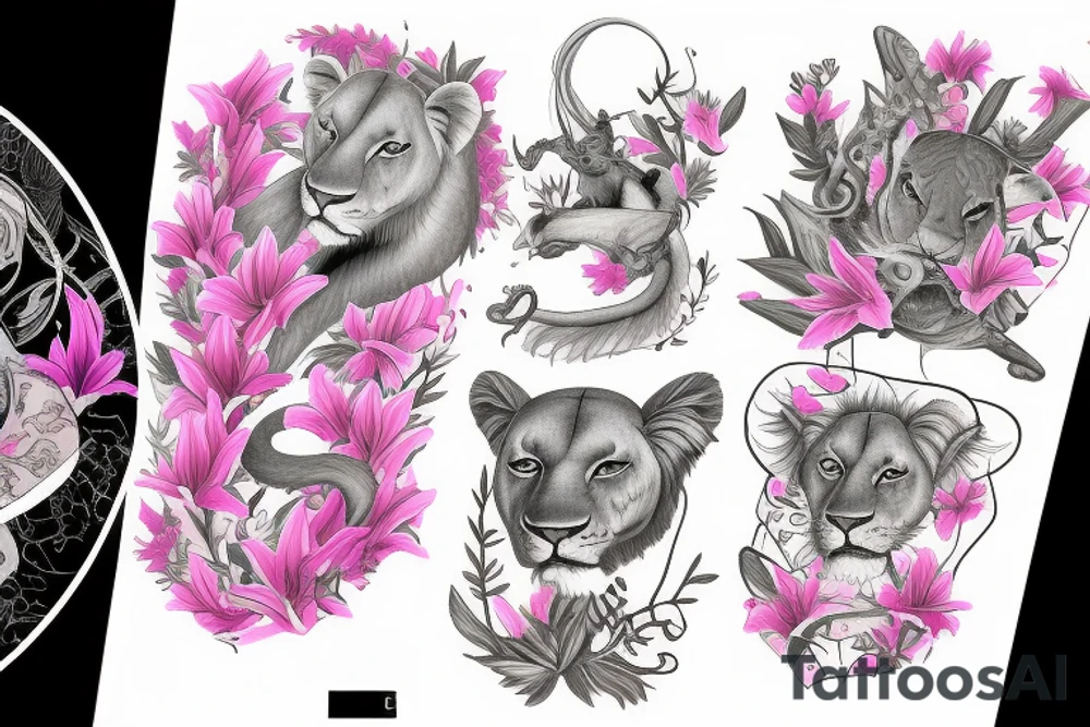 lioness, girl cub, boy cub, stargazer lilies - pink, spinal cord injury ribbon tattoo idea