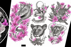 lioness, girl cub, boy cub, stargazer lilies - pink, spinal cord injury ribbon tattoo idea
