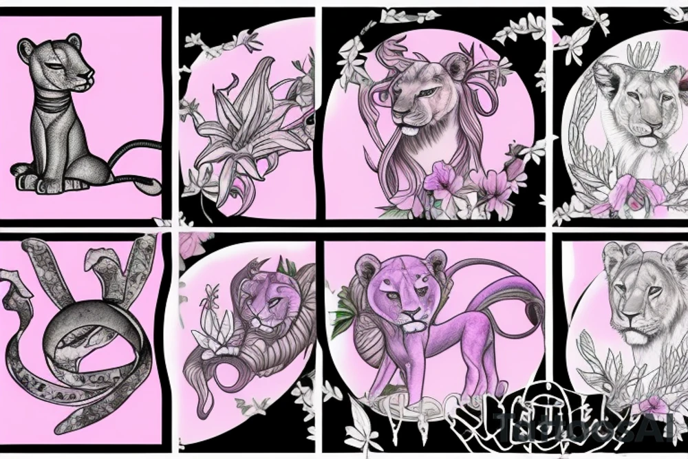 lioness, girl cub, boy cub, stargazer lilies - pink, spinal cord injury ribbon tattoo idea