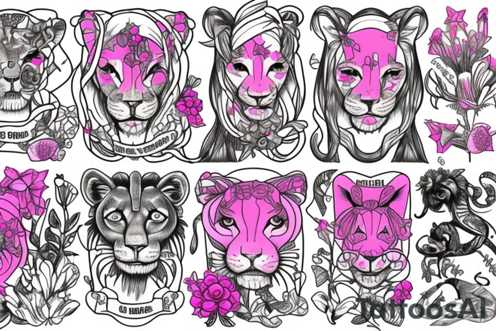 lioness, girl cub, boy cub, stargazer lilies - pink, spinal cord injury ribbon tattoo idea