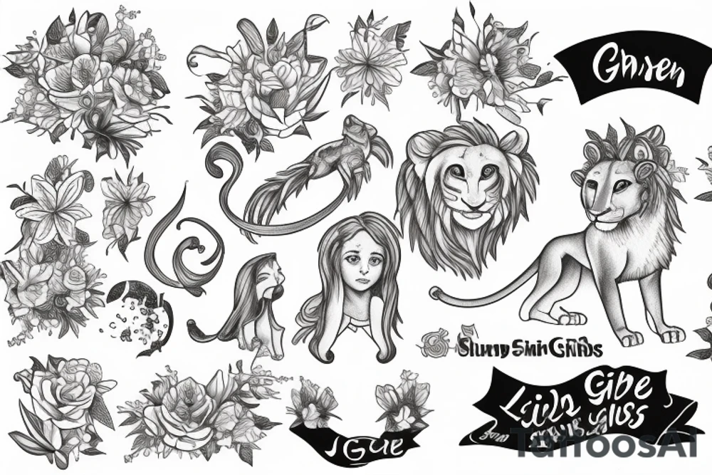 lioness, girl cub, boy cub, stargazer lilies, with 54/1993 spinal cord injury ribbon tattoo idea