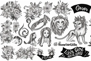 lioness, girl cub, boy cub, stargazer lilies, with 54/1993 spinal cord injury ribbon tattoo idea