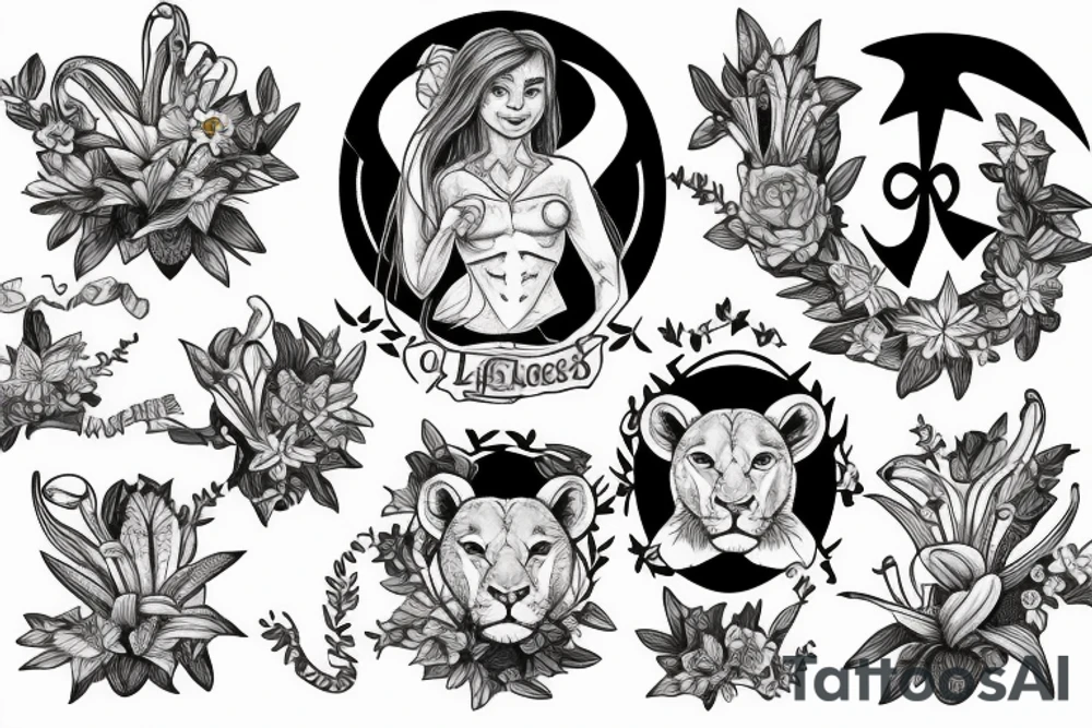 lioness, girl cub, boy cub, stargazer lilies, with 54/1993 spinal cord injury ribbon tattoo idea