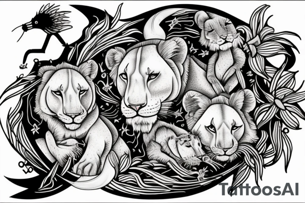 lioness with girl cub and boy cub, stargazer lilies, with 5/4/1993 spinal cord injury ribbon tattoo idea