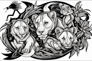 lioness with girl cub and boy cub, stargazer lilies, with 5/4/1993 spinal cord injury ribbon tattoo idea