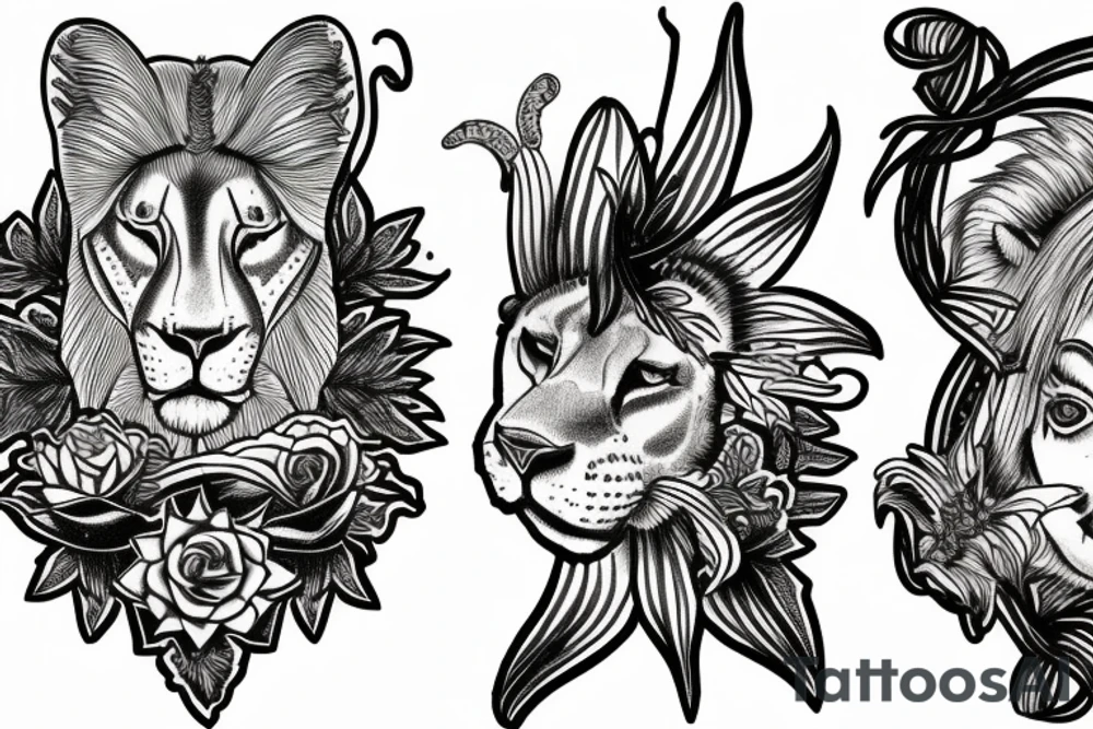 lioness with girl cub and boy cub, stargazer lilies, with 5/4/1993 spinal cord injury ribbon tattoo idea