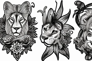 lioness with girl cub and boy cub, stargazer lilies, with 5/4/1993 spinal cord injury ribbon tattoo idea