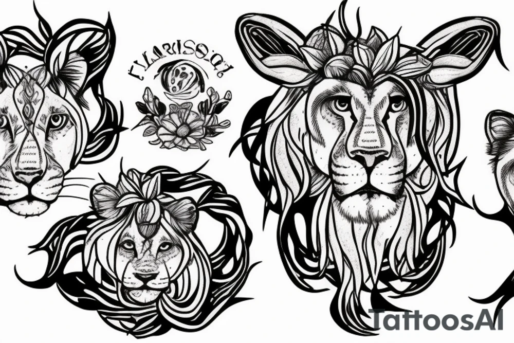 lioness with girl cub and boy cub, stargazer lilies, with 5/4/1993 spinal cord injury ribbon tattoo idea