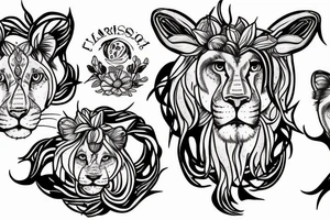 lioness with girl cub and boy cub, stargazer lilies, with 5/4/1993 spinal cord injury ribbon tattoo idea