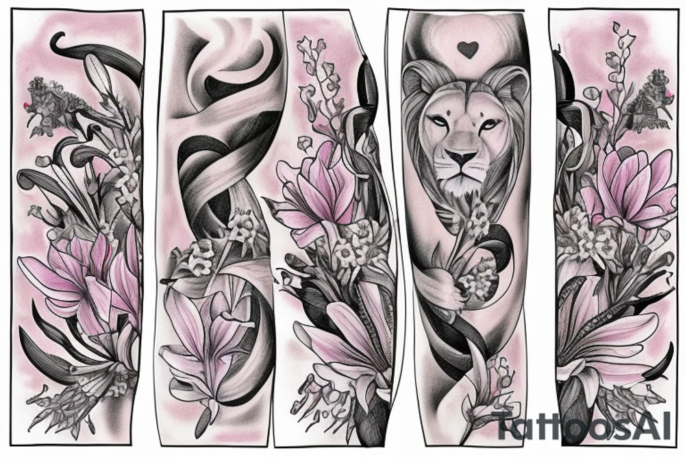 feminine lioness with girl and boy cubs having pink stargazers lilies wrapped around them, add 5/04/1993 date and spinal cord awareness ribbon tattoo idea
