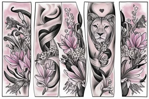 feminine lioness with girl and boy cubs having pink stargazers lilies wrapped around them, add 5/04/1993 date and spinal cord awareness ribbon tattoo idea