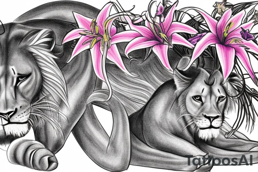 feminine lioness with girl and boy cubs having pink stargazers lilies wrapped around them, add 5/04/1993 date and spinal cord awareness ribbon tattoo idea