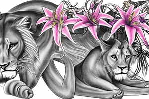 feminine lioness with girl and boy cubs having pink stargazers lilies wrapped around them, add 5/04/1993 date and spinal cord awareness ribbon tattoo idea