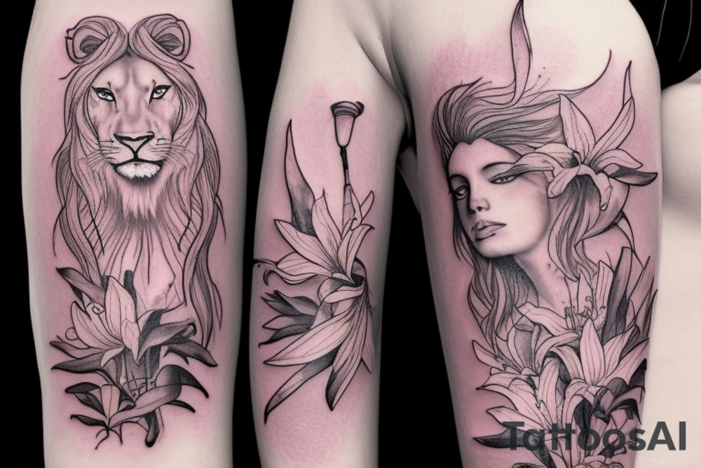 feminine lioness with girl and boy cubs having pink stargazers lilies wrapped around them, add 5/04/1993 date and spinal cord awareness ribbon tattoo idea