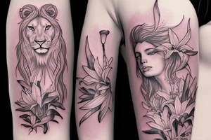 feminine lioness with girl and boy cubs having pink stargazers lilies wrapped around them, add 5/04/1993 date and spinal cord awareness ribbon tattoo idea