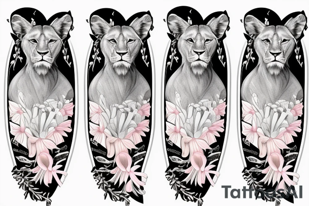 feminine lioness with girl and boy cubs having pink stargazers lilies wrapped around them, add 5/04/1993 date and spinal cord awareness ribbon tattoo idea