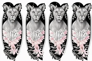 feminine lioness with girl and boy cubs having pink stargazers lilies wrapped around them, add 5/04/1993 date and spinal cord awareness ribbon tattoo idea
