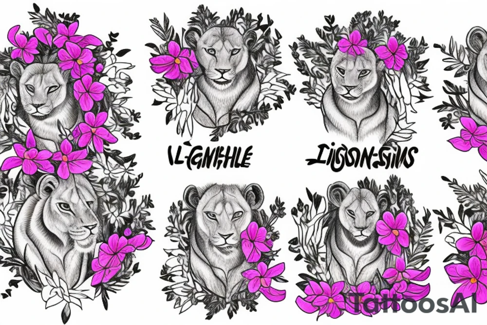 feminine lioness with girl and boy cubs having pink stargazers lilies wrapped around them, add 5/04/1993 date and spinal cord awareness ribbon tattoo idea