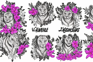 feminine lioness with girl and boy cubs having pink stargazers lilies wrapped around them, add 5/04/1993 date and spinal cord awareness ribbon tattoo idea