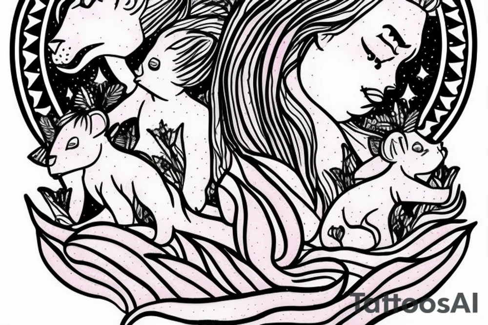 feminine lioness with girl and boy cubs having pink stargazers lilies wrapped around them, add 5/04/1993 date and spinal cord awareness ribbon tattoo idea