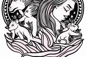 feminine lioness with girl and boy cubs having pink stargazers lilies wrapped around them, add 5/04/1993 date and spinal cord awareness ribbon tattoo idea