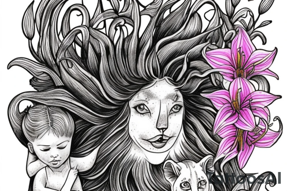 feminine lioness with girl and boy cubs having pink stargazers lilies wrapped around them, add 5/04/1993 date and spinal cord awareness ribbon tattoo idea