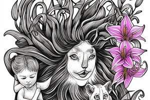 feminine lioness with girl and boy cubs having pink stargazers lilies wrapped around them, add 5/04/1993 date and spinal cord awareness ribbon tattoo idea