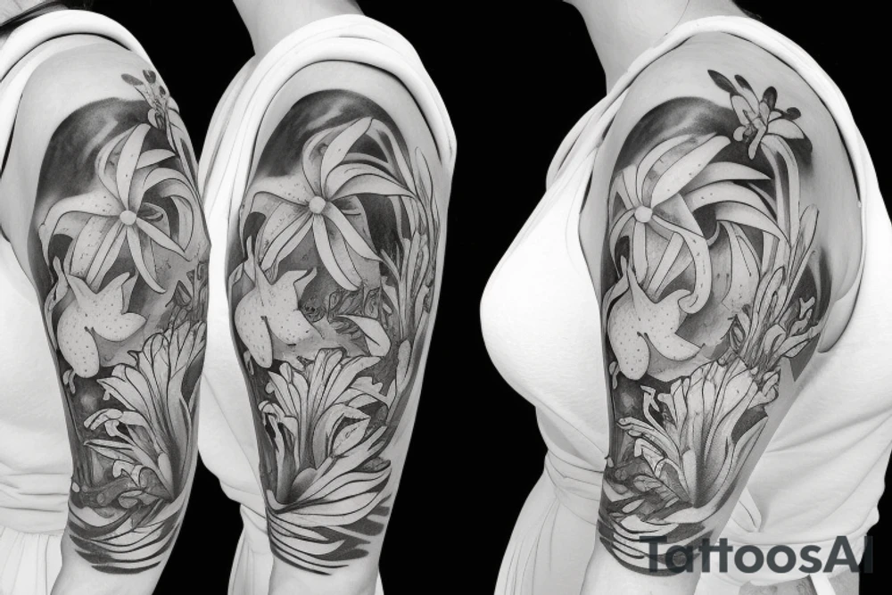 feminine lioness with girl and boy cubs having pink stargazers lilies wrapped around them, add 5/04/1993 date and spinal cord awareness ribbon tattoo idea