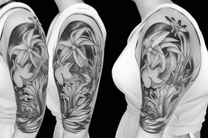 feminine lioness with girl and boy cubs having pink stargazers lilies wrapped around them, add 5/04/1993 date and spinal cord awareness ribbon tattoo idea