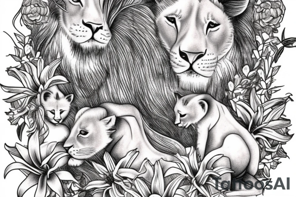 feminine lioness with girl and boy cubs having pink stargazers lilies wrapped around them, add 5/04/1993 date and spinal cord awareness ribbon tattoo idea