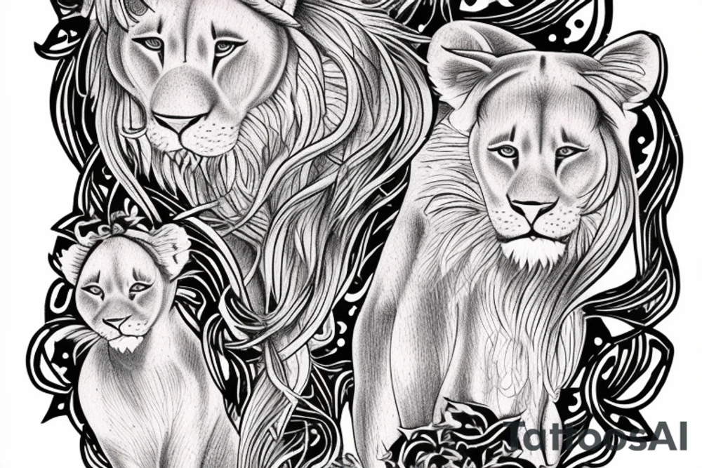 feminine lioness with girl and boy cubs having pink stargazers lilies wrapped around them, add 5/04/1993 date and spinal cord awareness ribbon tattoo idea