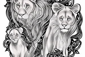 feminine lioness with girl and boy cubs having pink stargazers lilies wrapped around them, add 5/04/1993 date and spinal cord awareness ribbon tattoo idea