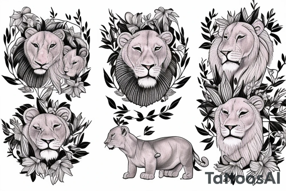 feminine lioness with girl and boy cubs having pink stargazers lilies wrapped around them, add 5/04/1993 date and spinal cord awareness ribbon tattoo idea