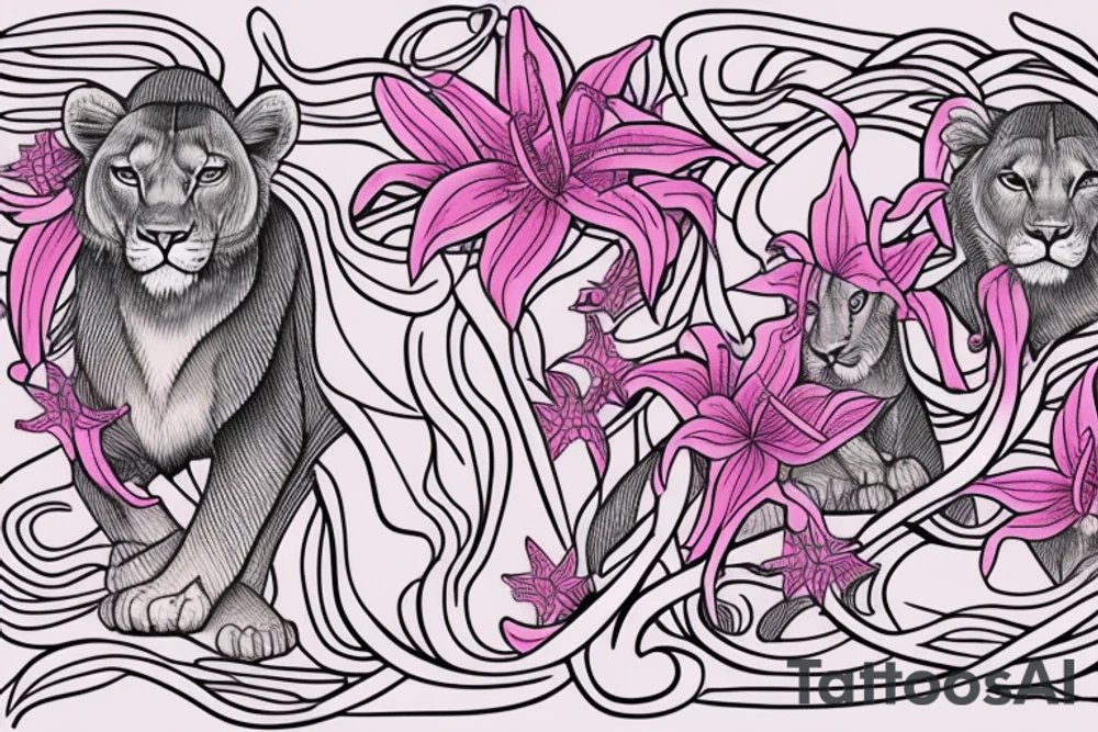 feminine lioness with girl and boy cubs having pink stargazers lilies wrapped around them, add 5/04/1993 date and spinal cord awareness ribbon tattoo idea