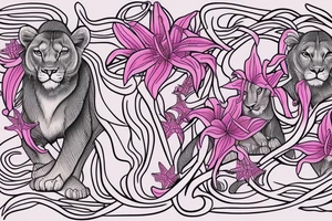 feminine lioness with girl and boy cubs having pink stargazers lilies wrapped around them, add 5/04/1993 date and spinal cord awareness ribbon tattoo idea