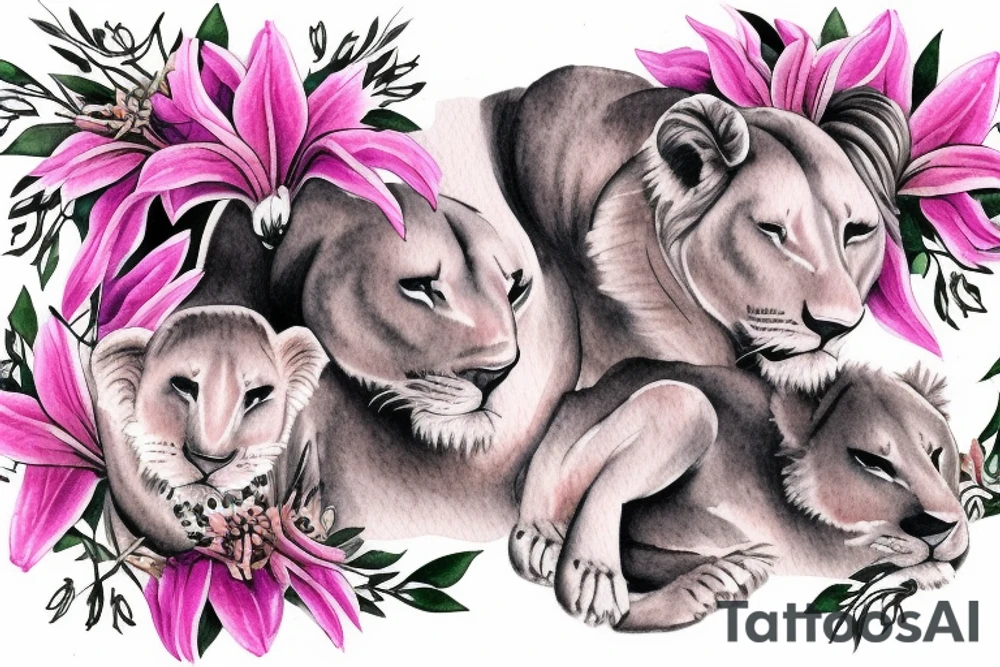 feminine lioness with girl and boy cubs having pink stargazers lilies wrapped around them, add 5/04/1993 date and spinal cord awareness ribbon tattoo idea