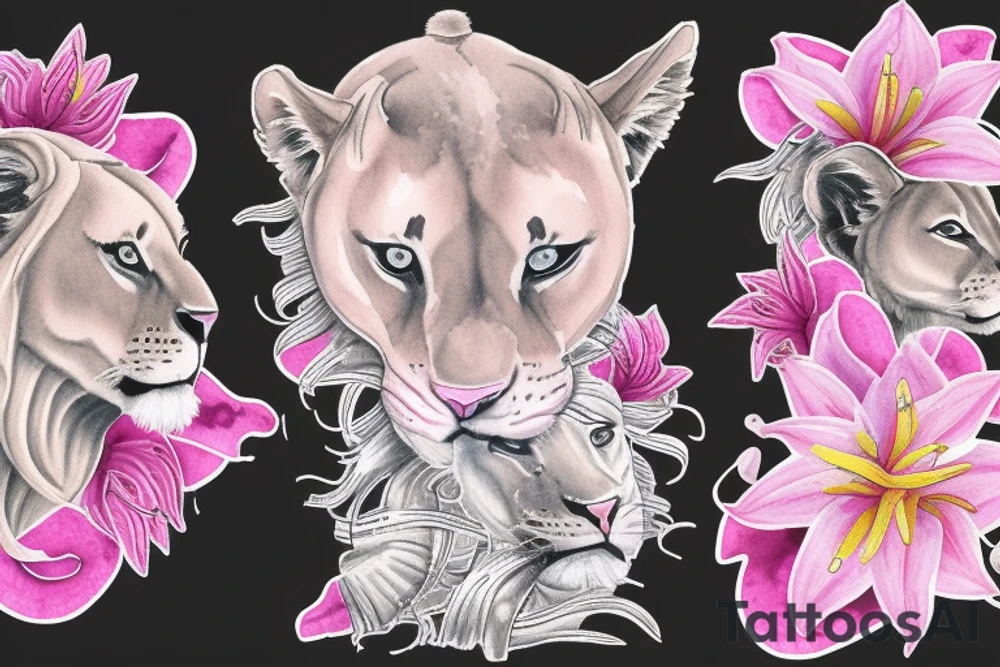 feminine lioness with girl and boy cubs having pink stargazers lilies wrapped around them, add 5/04/1993 date and spinal cord awareness ribbon tattoo idea