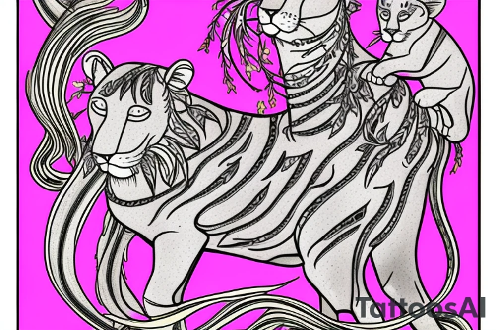 feminine lioness with girl and boy cubs having pink stargazers lilies wrapped around them, add 5/04/1993 date and spinal cord awareness ribbon tattoo idea