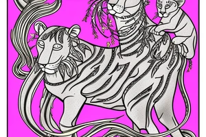 feminine lioness with girl and boy cubs having pink stargazers lilies wrapped around them, add 5/04/1993 date and spinal cord awareness ribbon tattoo idea