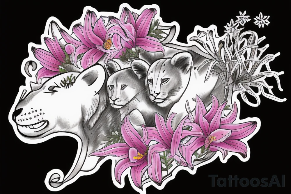 feminine lioness with girl and boy cubs having pink stargazers lilies wrapped around them, add 5/04/1993 date and spinal cord awareness ribbon tattoo idea