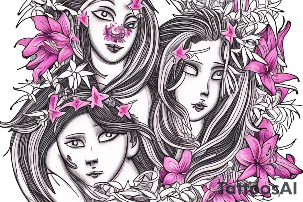 feminine lioness with girl and boy cubs having pink stargazers lilies wrapped around them, add 5/04/1993 date and spinal cord awareness ribbon tattoo idea