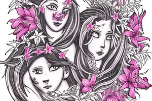 feminine lioness with girl and boy cubs having pink stargazers lilies wrapped around them, add 5/04/1993 date and spinal cord awareness ribbon tattoo idea