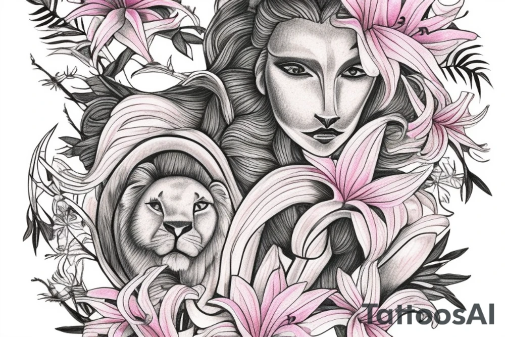 feminine lioness with girl and boy cubs having pink stargazers lilies wrapped around them, add 5/04/1993 date and spinal cord awareness ribbon tattoo idea